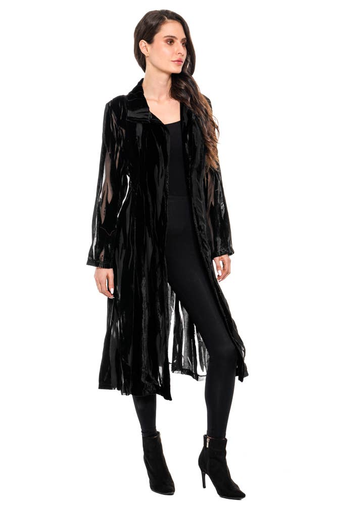 KK253 - Velvet Burnout Sheer Duster Jacket – Black