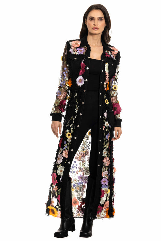 L2406B - Long Denim Embroidered Duster Jacket