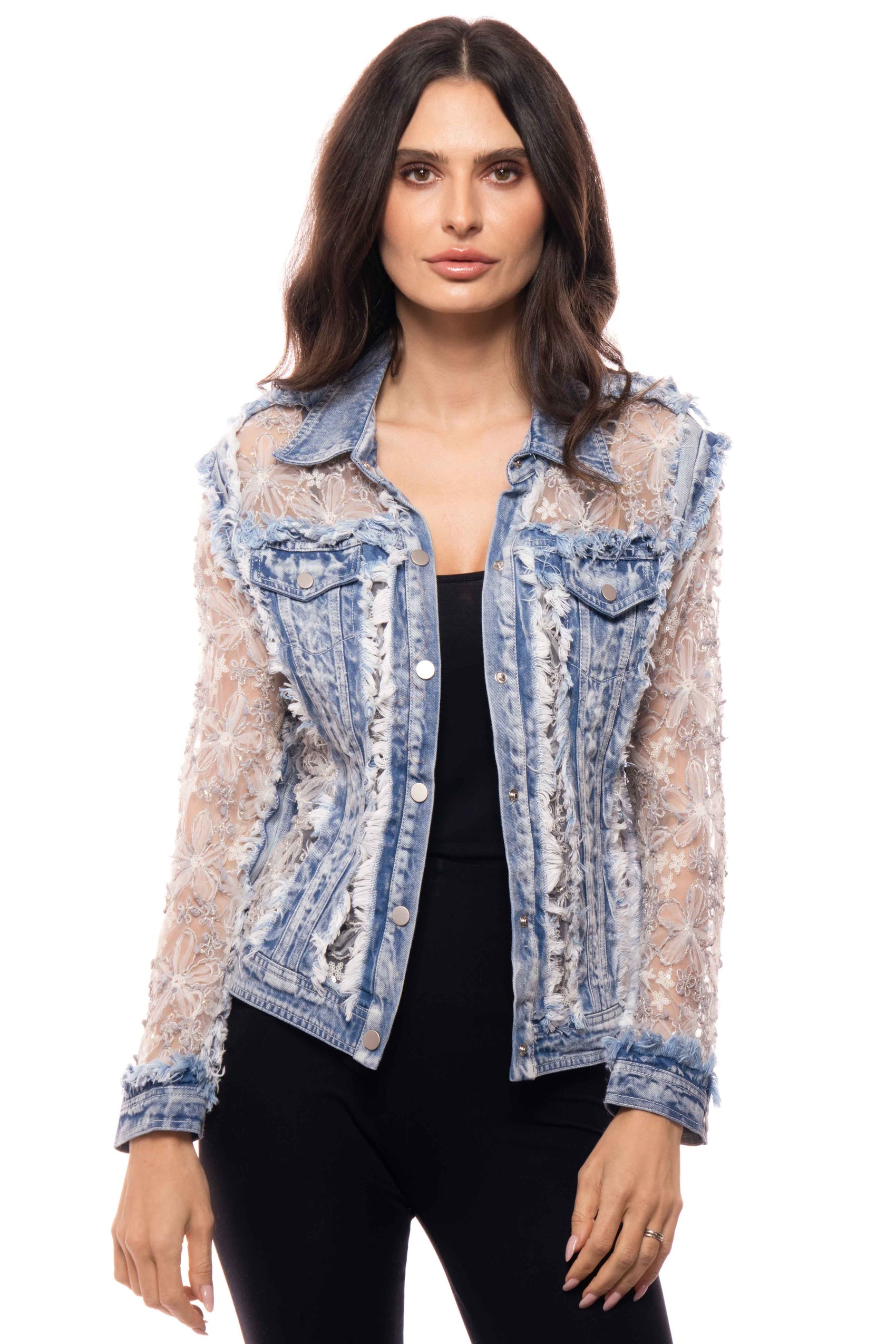 Sheer Floral Lace Denim Jacket