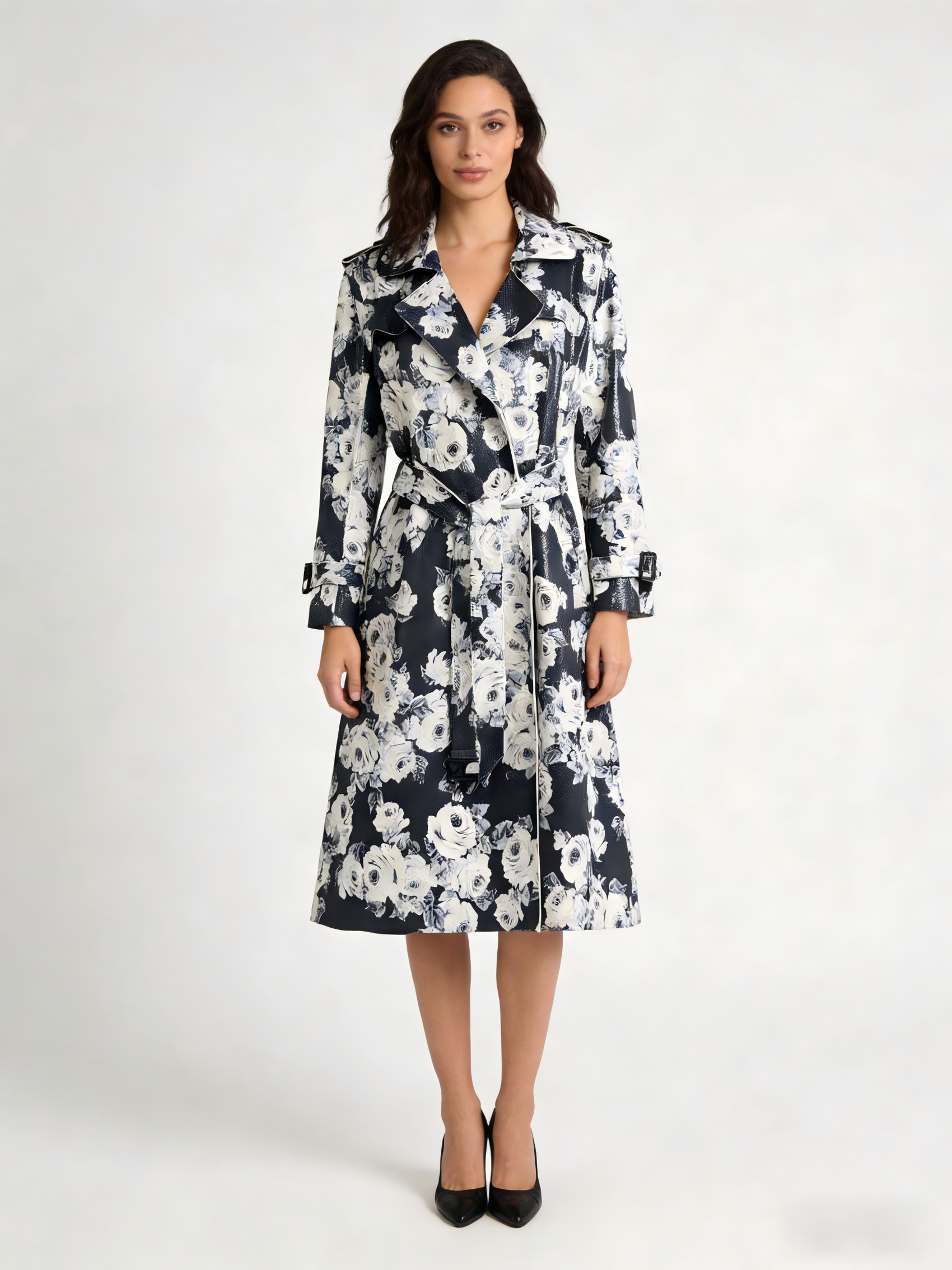 Rose Print Faux Suede Belted Trench Coat