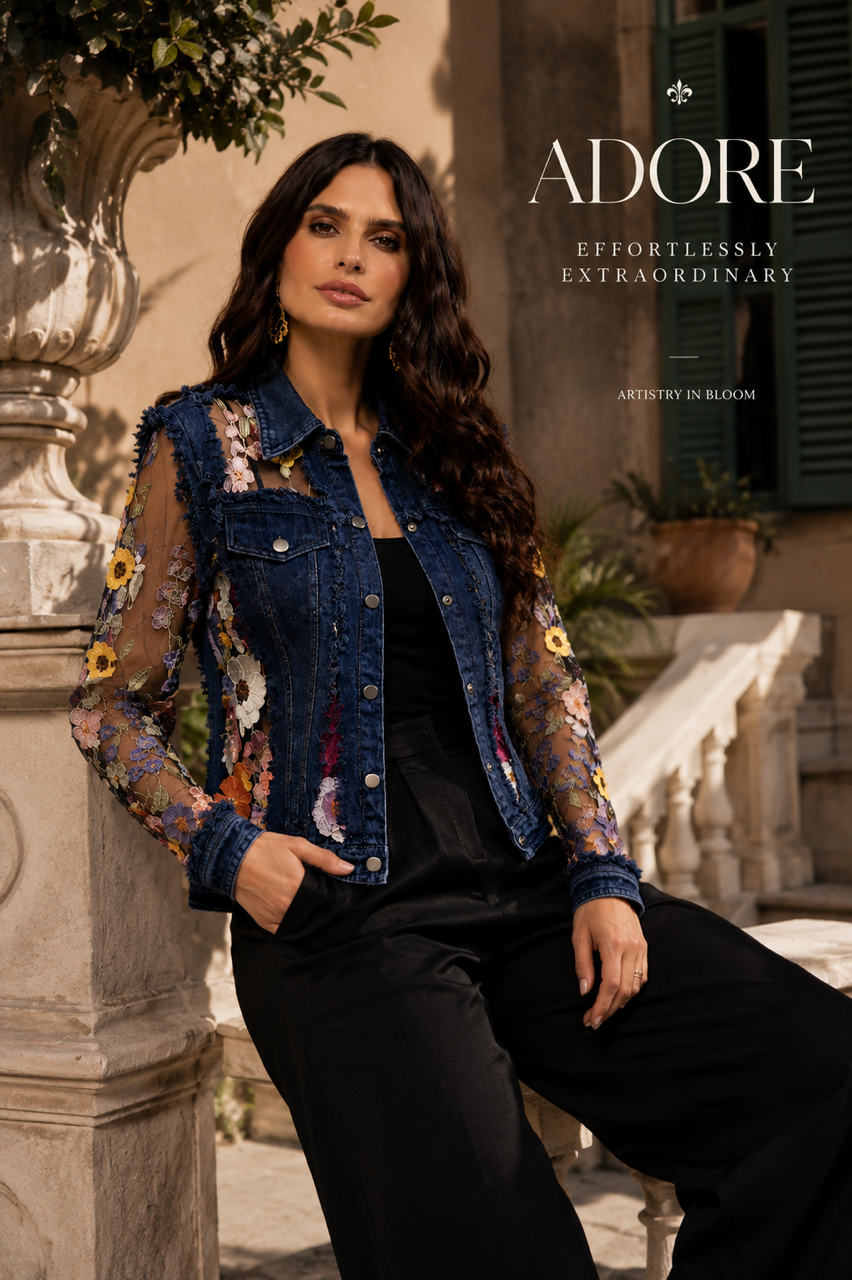 Dark Denim Jacket with Floral Embroidery