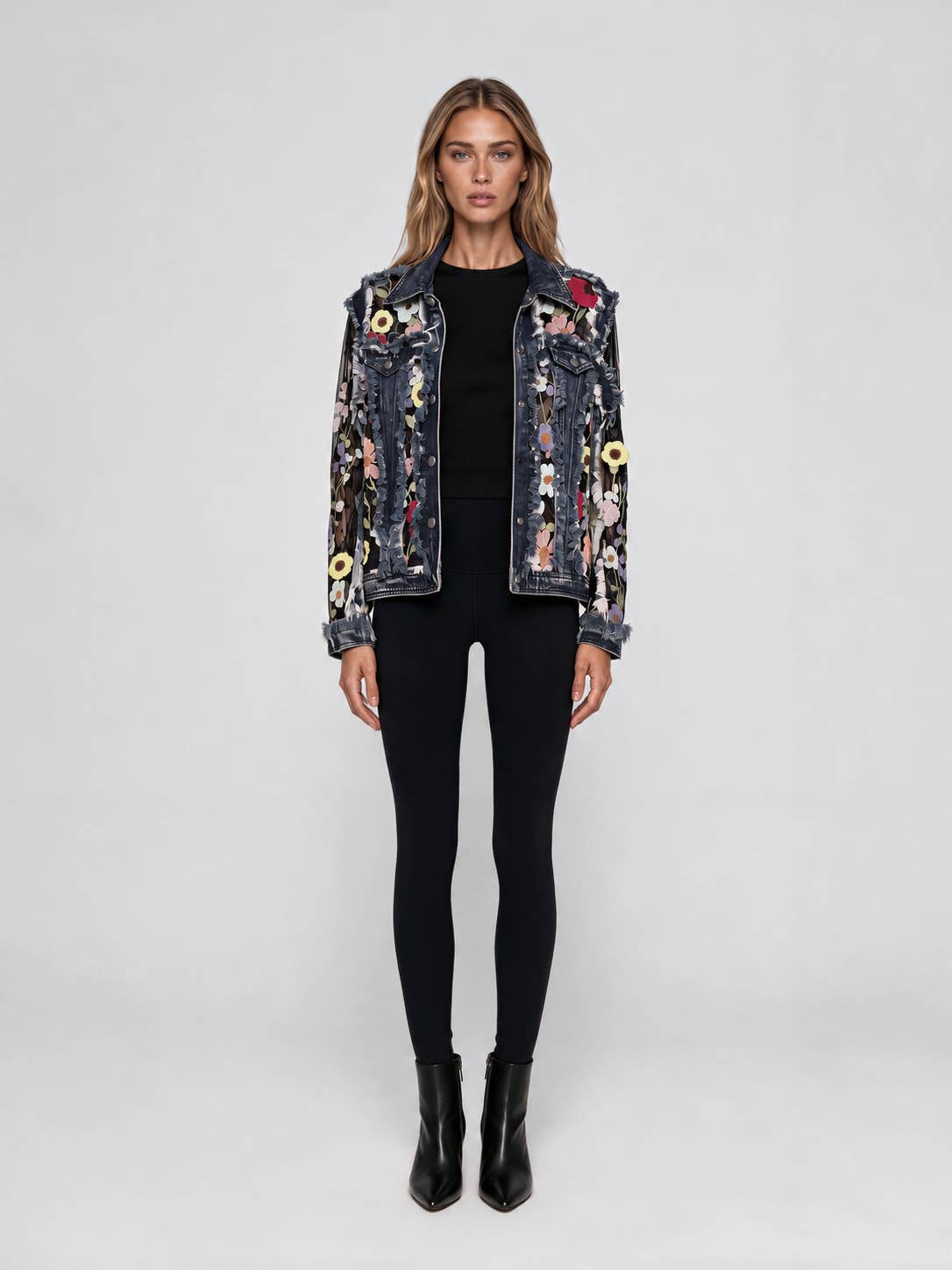 Floral Embroidered Mesh & Frayed Denim Jacket