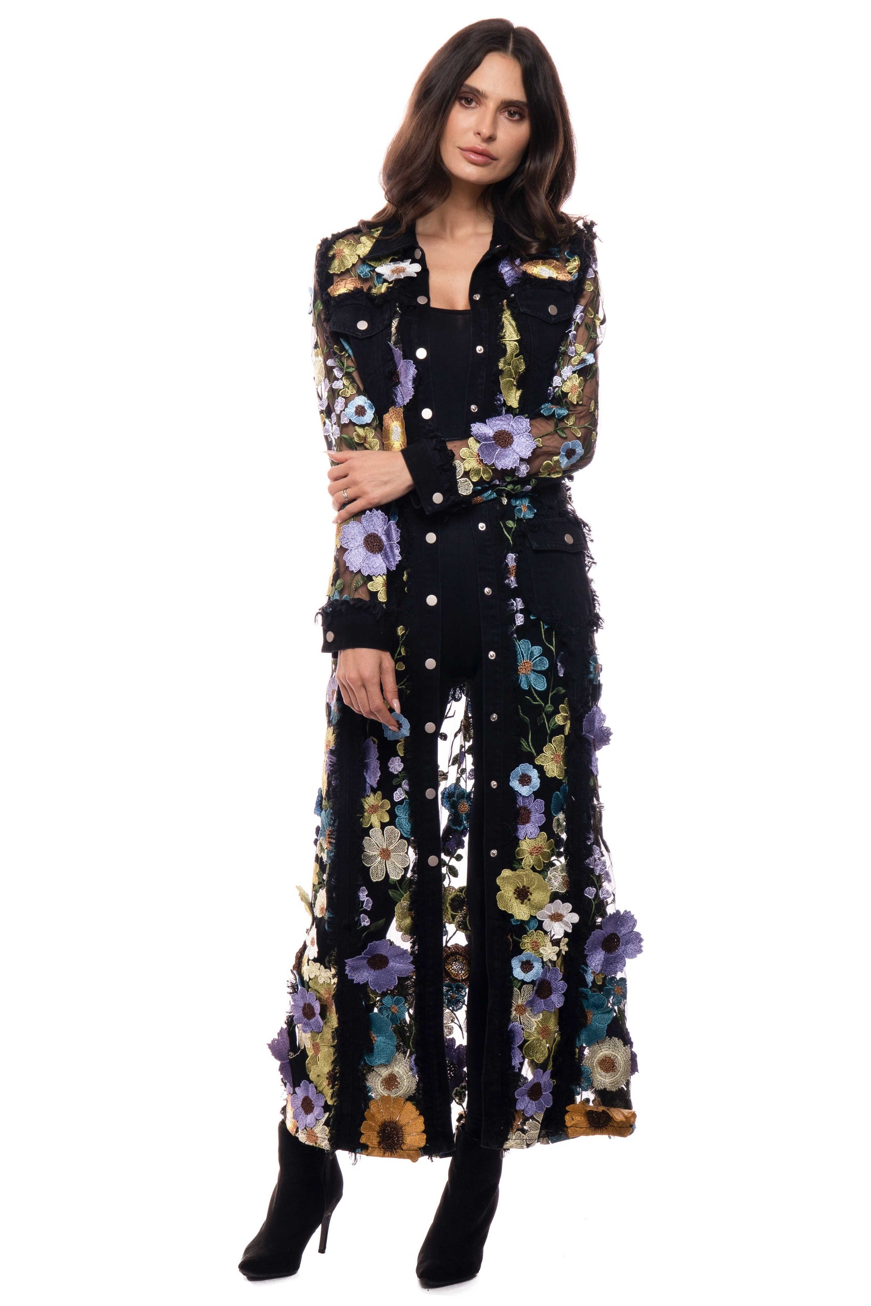 Embroidered Mesh Maxi Denim Duster