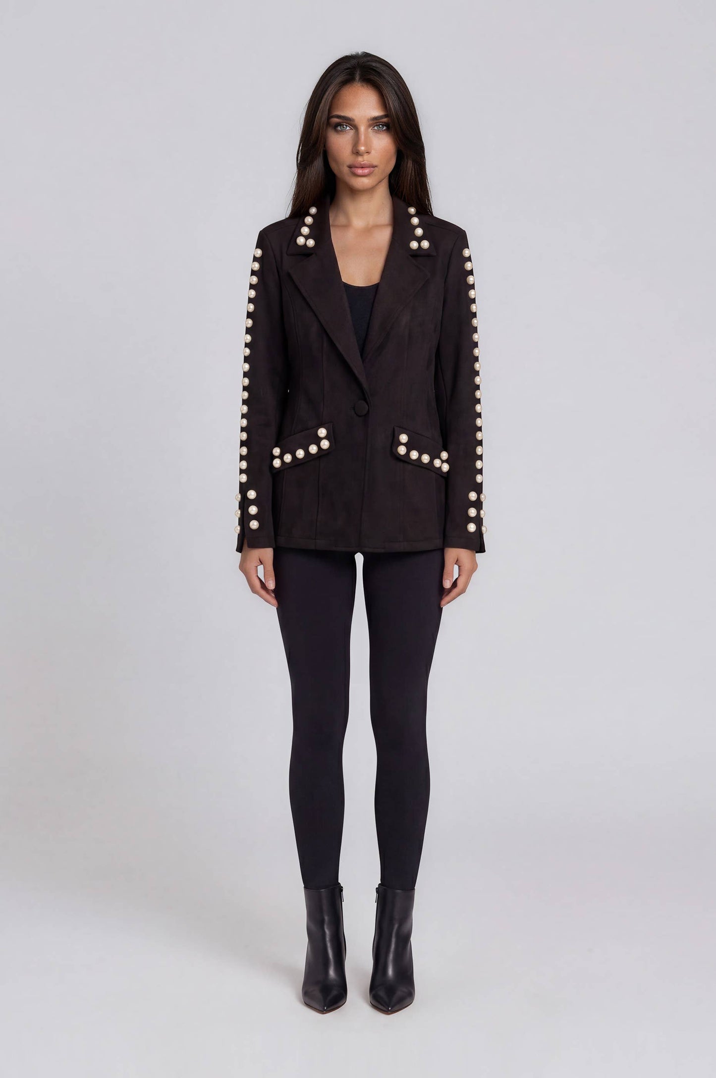 Pearl Embellished Faux Suede Blazer