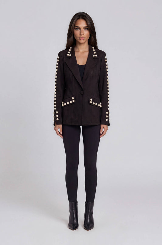 Pearl Embellished Faux Suede Blazer