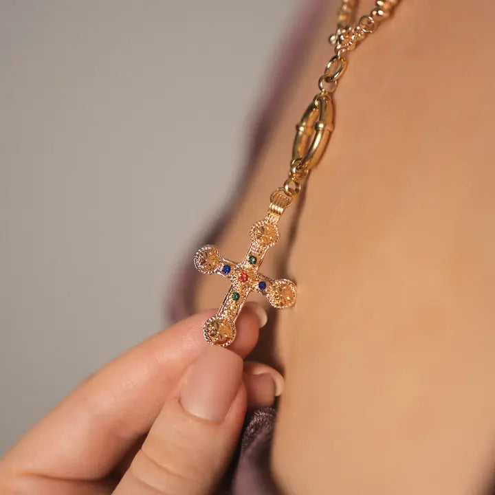 Byzantine Cross Necklace – Gold-Plated Stainless Steel with Multicolored Crystals