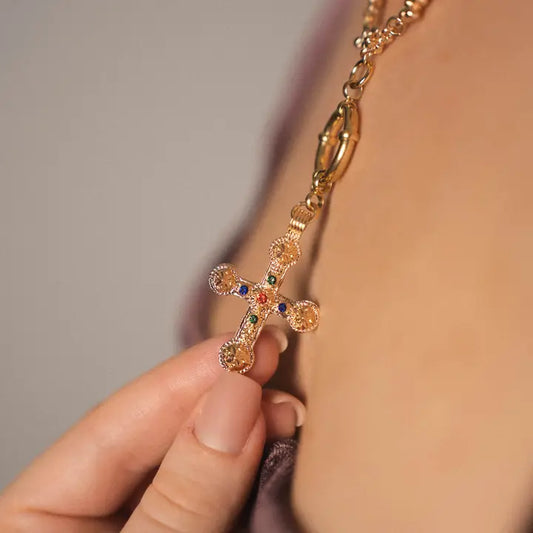 Byzantine Cross Necklace – Gold-Plated Stainless Steel with Multicolored Crystals