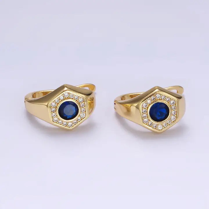 14K Gold Filled Clear, Blue Cz Paved Hexagon English Earring