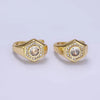 14K Gold Filled Clear, Blue Cz Paved Hexagon English Earring
