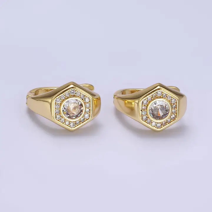 14K Gold Filled Clear, Blue Cz Paved Hexagon English Earring