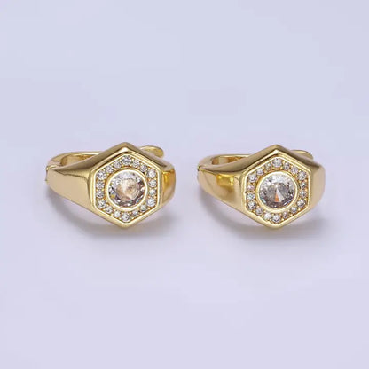 14K Gold Filled Clear, Blue Cz Paved Hexagon English Earring