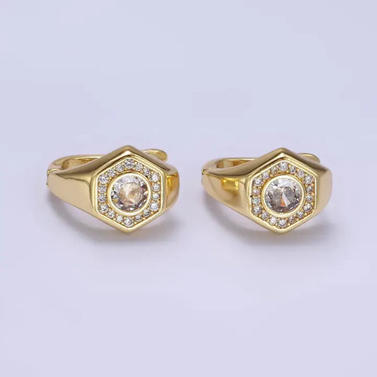 14K Gold Filled Clear, Blue Cz Paved Hexagon English Earring