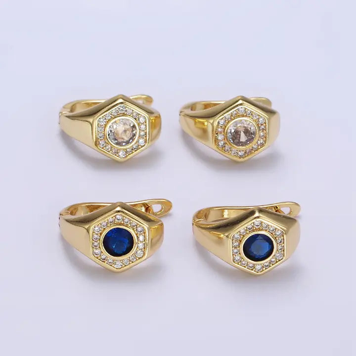 14K Gold Filled Clear, Blue Cz Paved Hexagon English Earring