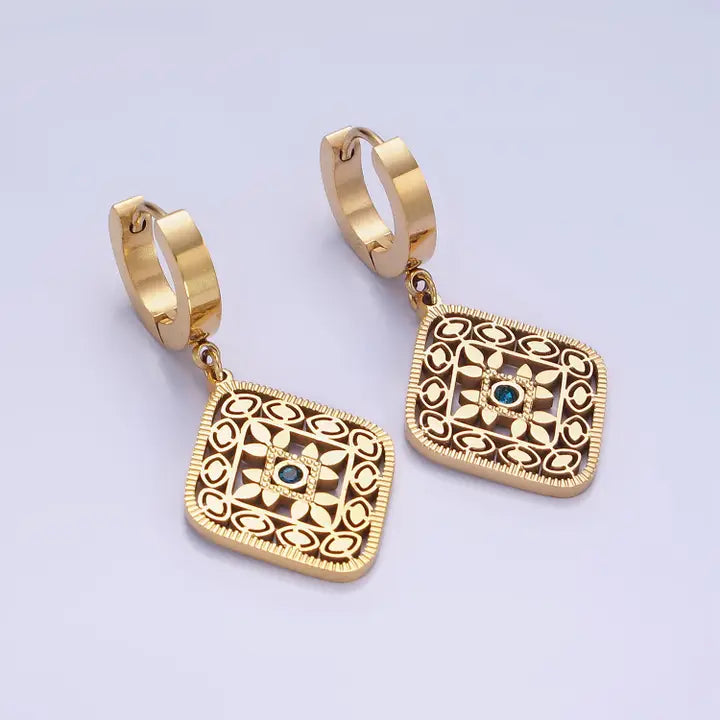 Stainless Steel Blue Cz Flower Filigree Drop Earrings