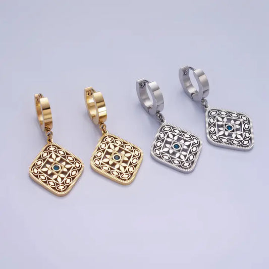 Stainless Steel Blue Cz Flower Filigree Drop Earrings