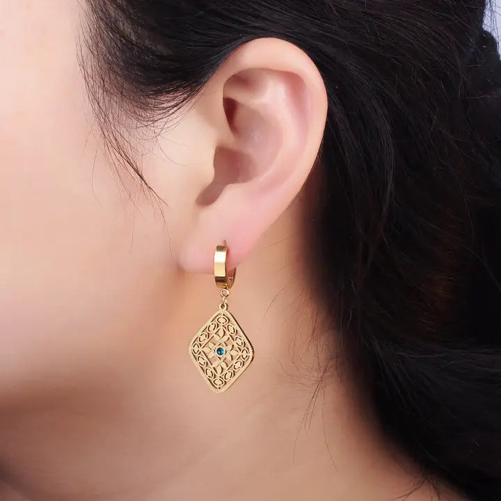 Stainless Steel Blue Cz Flower Filigree Drop Earrings