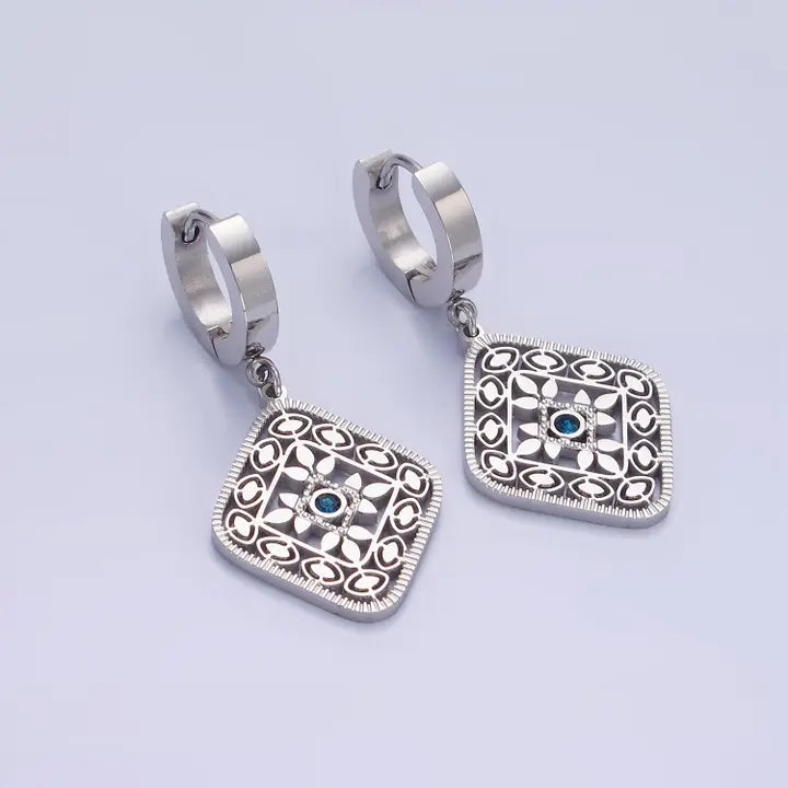 Stainless Steel Blue Cz Flower Filigree Drop Earrings