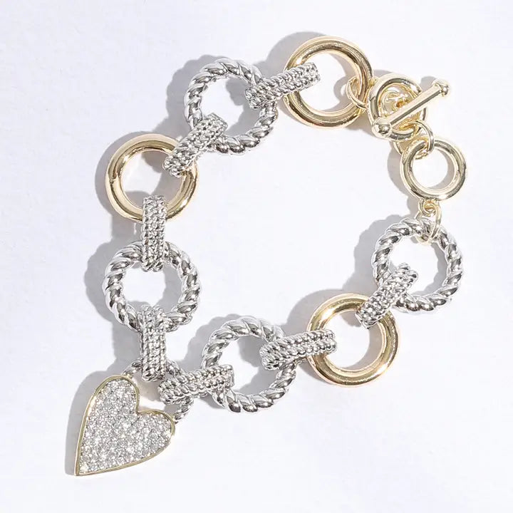 Pave Heart Charm Link Chain Bracelet