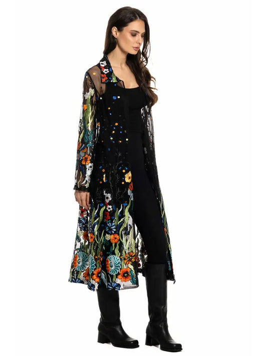 T417BK - Long Black Embroidered Sheer Duster