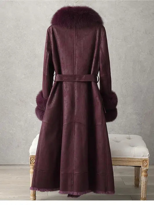 CT074Y Elegant Mid-Length Faux Fur Coat with Fox Fur Collar