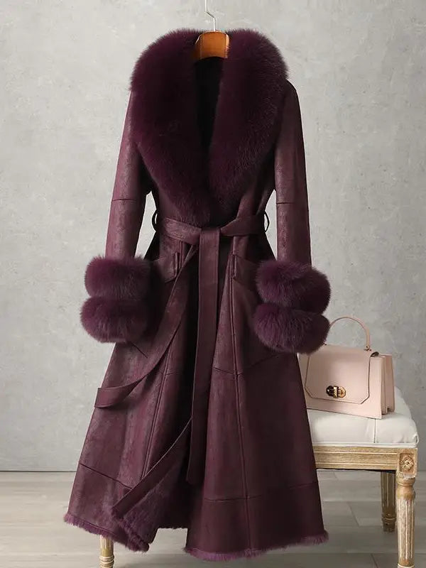 CT074Y Elegant Mid-Length Faux Fur Coat with Fox Fur Collar