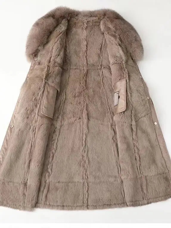 CT074Y Elegant Mid-Length Faux Fur Coat with Fox Fur Collar