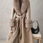 CT074Y Elegant Mid-Length Faux Fur Coat with Fox Fur Collar