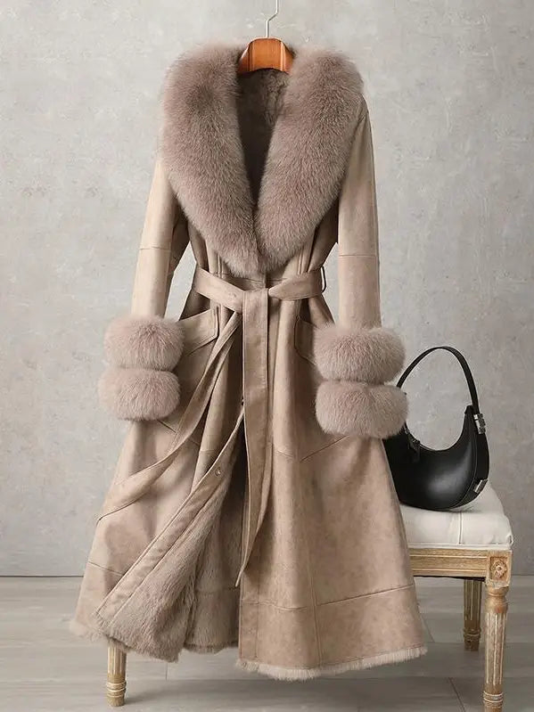 CT074Y Elegant Mid-Length Faux Fur Coat with Fox Fur Collar