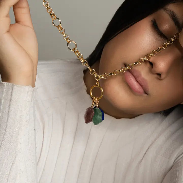 Necklace with Faceted Natural Stones: Strawberry Quartz, Amazonite, and Lapis Lazuli