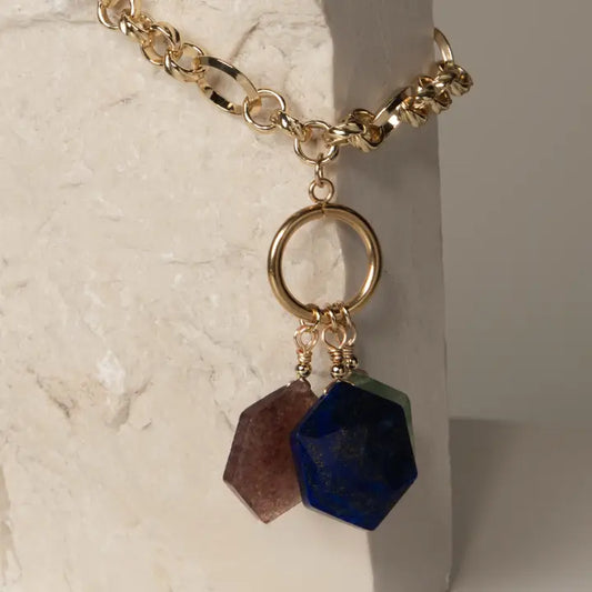 Necklace with Faceted Natural Stones: Strawberry Quartz, Amazonite, and Lapis Lazuli