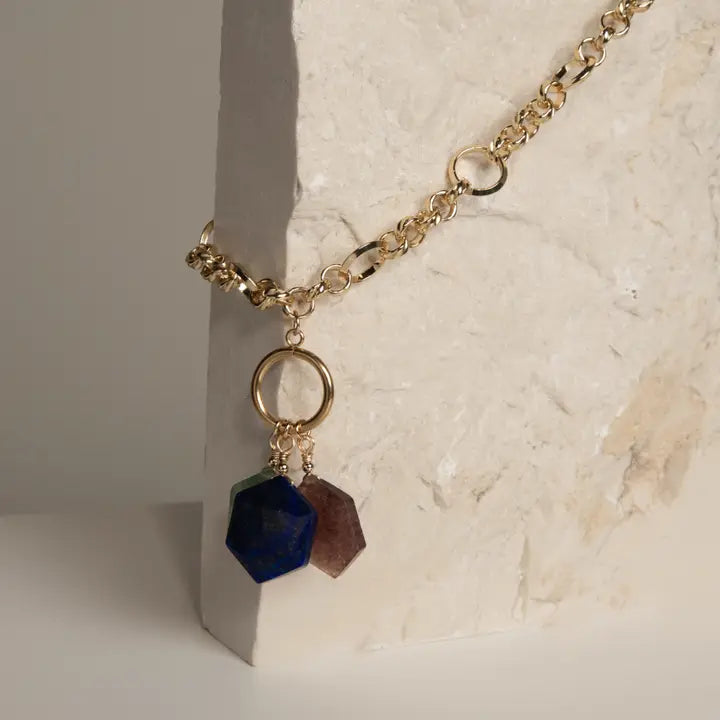 Necklace with Faceted Natural Stones: Strawberry Quartz, Amazonite, and Lapis Lazuli