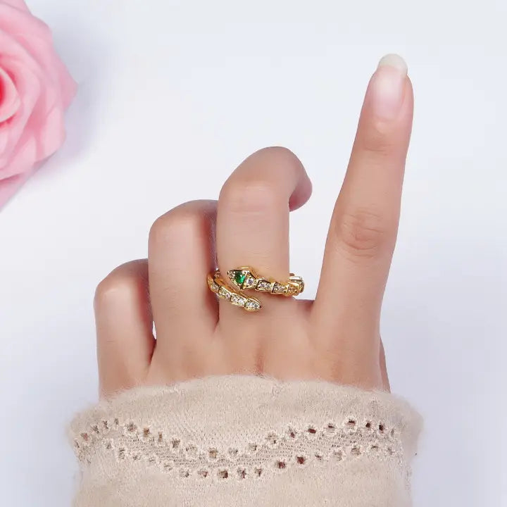14K Gold Filled Green Micro Paved Cz Snake Serpent Animal Wrap Ring | O1168