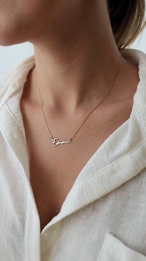 14k Solid Gold Cursive Name Necklace, Gold Name, 50 Microns