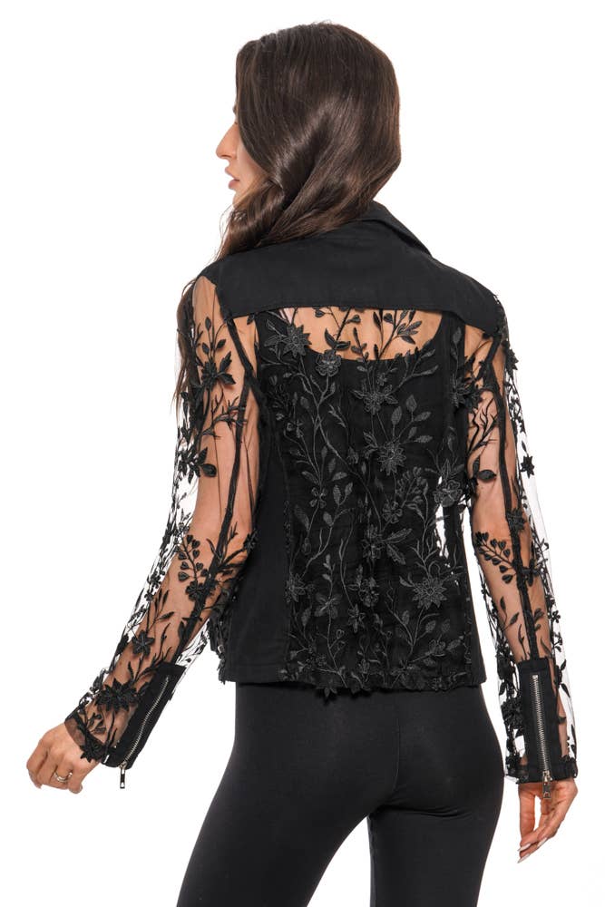 BS2520 - Floral Embroidered Mesh Moto Jacket –Black Elegance