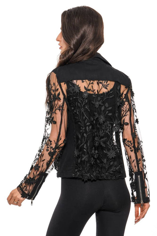 BS2520 - Floral Embroidered Mesh Moto Jacket –Black Elegance