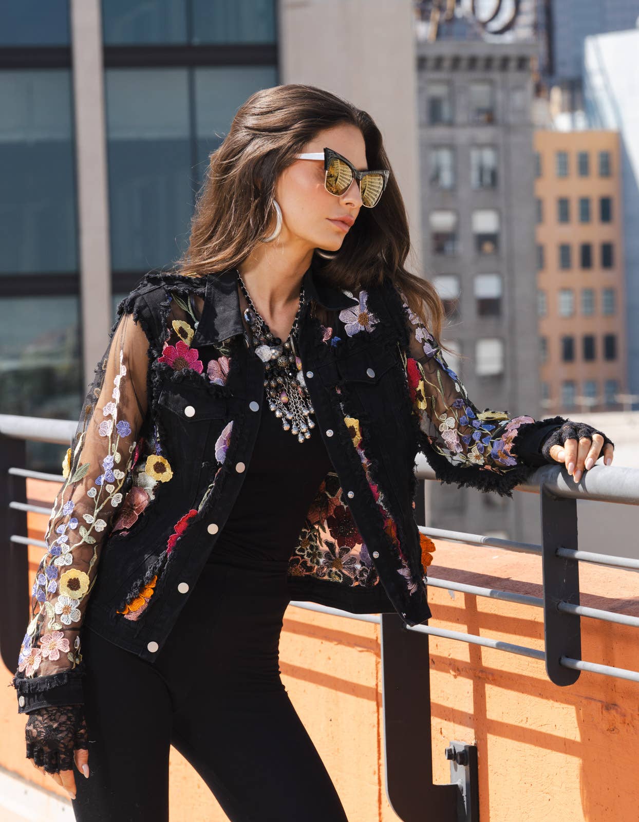 Black Denim Jacket Floral Embroidery