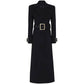 CT027 Elegant Long Black Wool Coat with Gold Accents