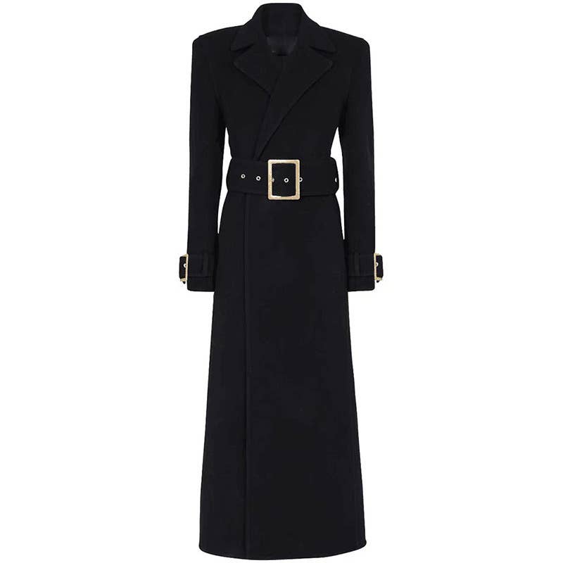 CT027 Elegant Long Black Wool Coat with Gold Accents