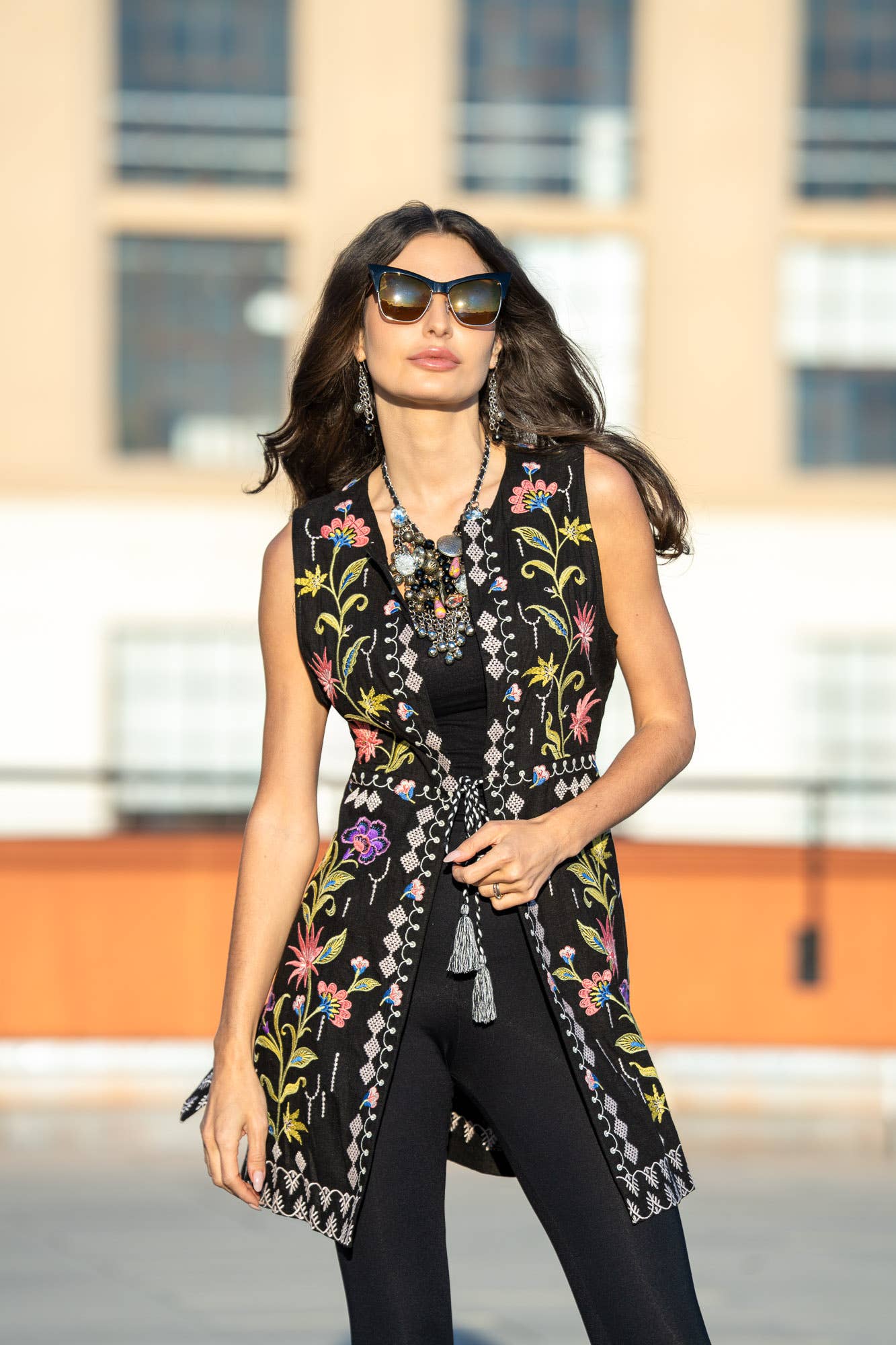 Embroidered Tie-Front Vest