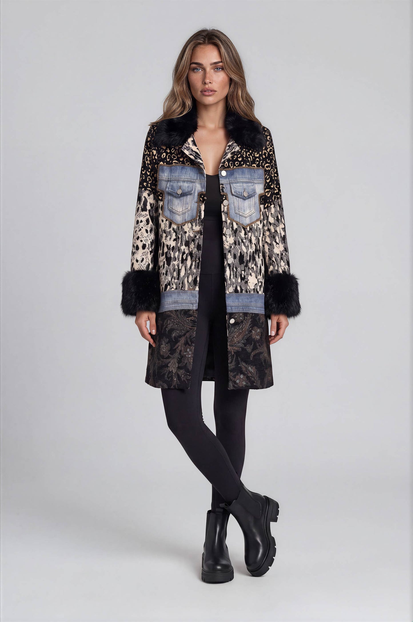 Mixed Media Faux Fur Trim Jacket