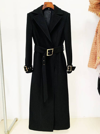 CT027 Elegant Long Black Wool Coat with Gold Accents