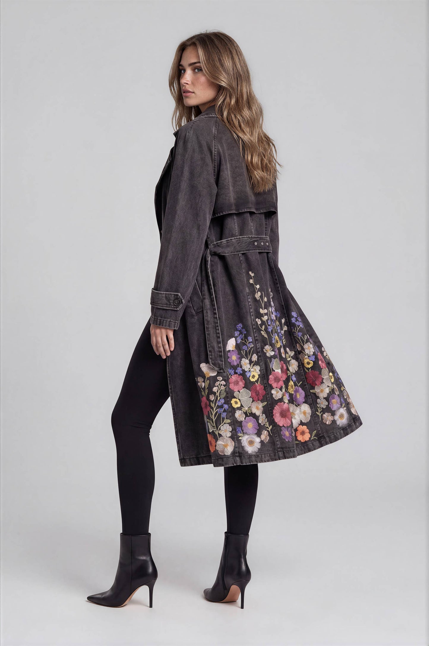 Floral Embroidered Denim Trench Coat