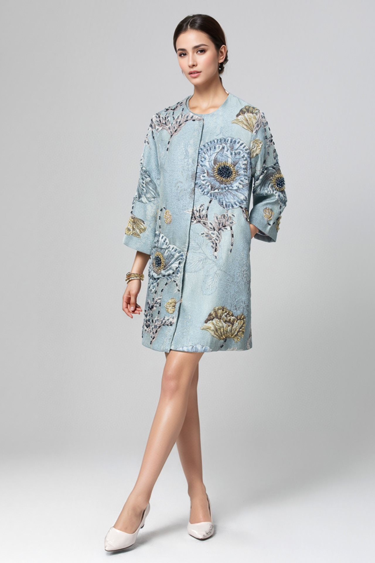 Hand-Beaded Floral Long Jacket