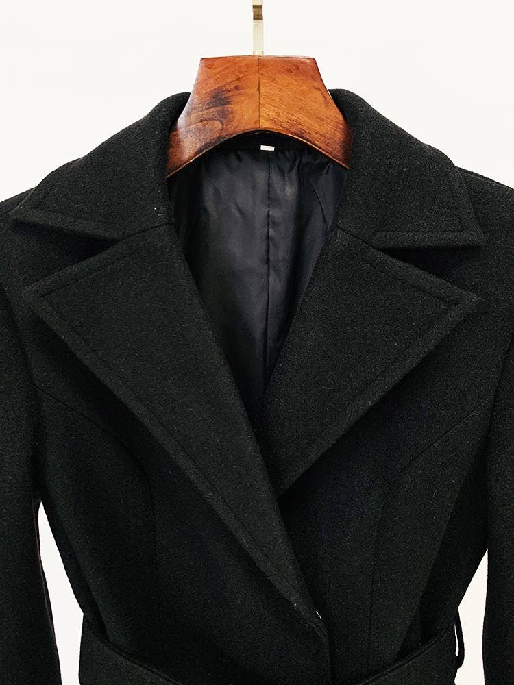CT027 Elegant Long Black Wool Coat with Gold Accents