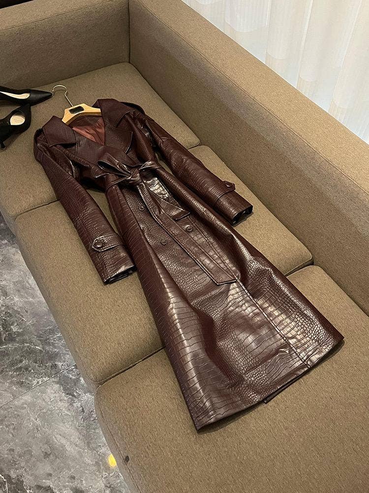 SY391 Crocodile Pattern Pu Leather Long Coat