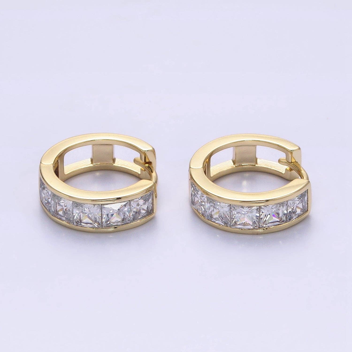 14K Gold Filled Clear Square Cz Lined Huggie Hoop Earrings