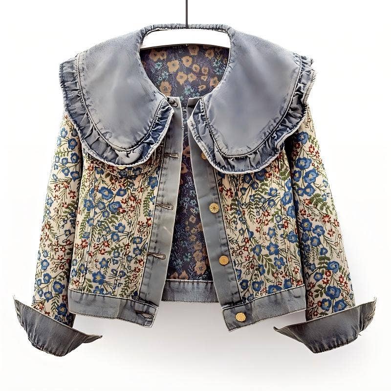 Doll Collar Embroidered Denim Jacket