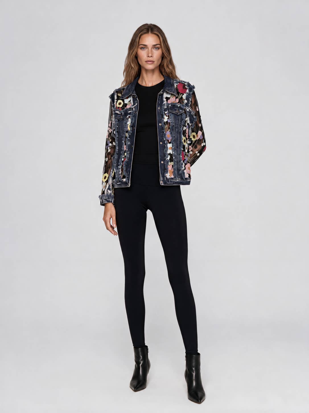 Floral Embroidered Mesh & Frayed Denim Jacket