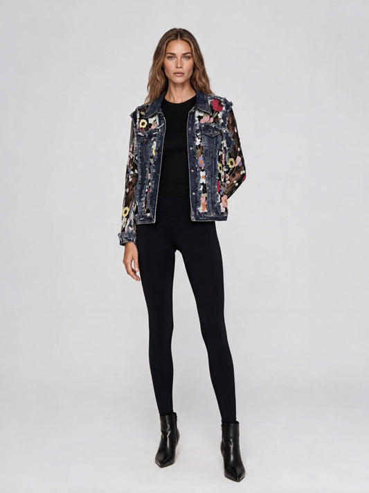 Floral Embroidered Mesh & Frayed Denim Jacket