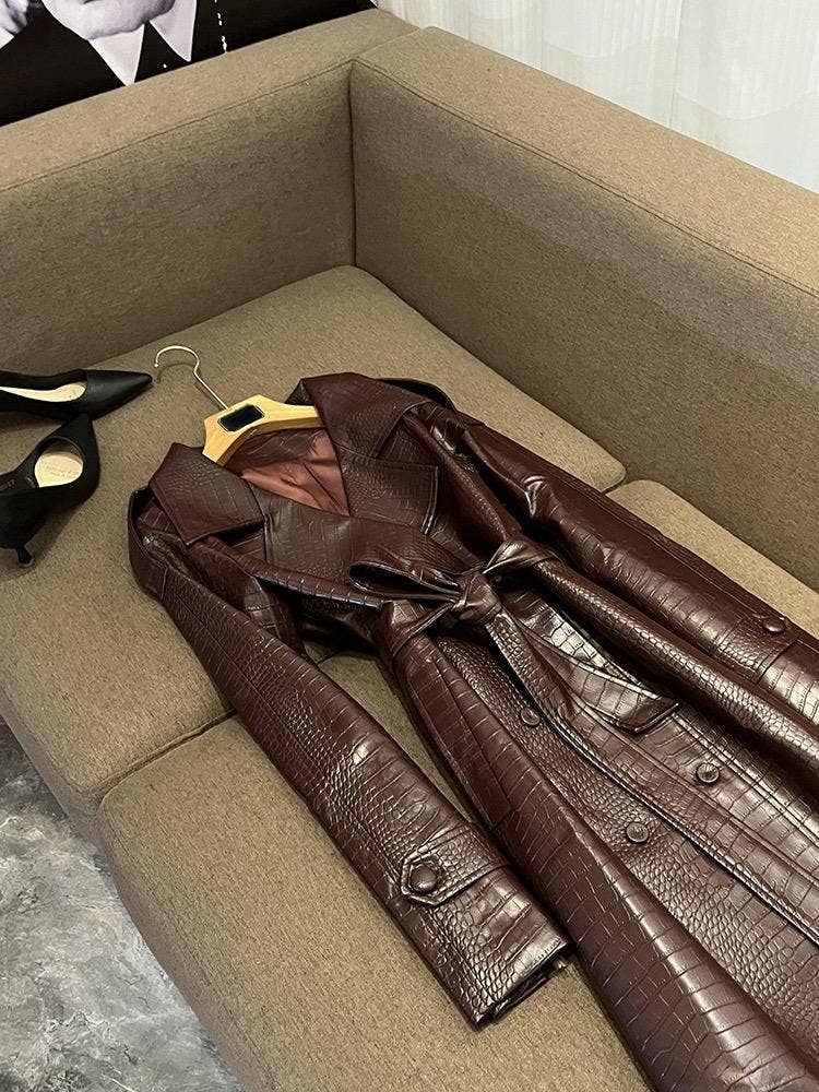 SY391 Crocodile Pattern Pu Leather Long Coat